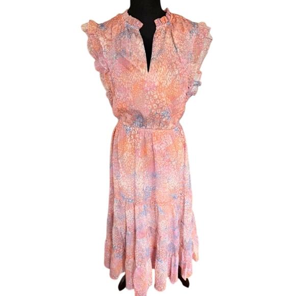 BB Dakota Steve Madden Boho Romantic Ruffle Midi Dress Pink Multi  Large NWT - Picture 2 of 8